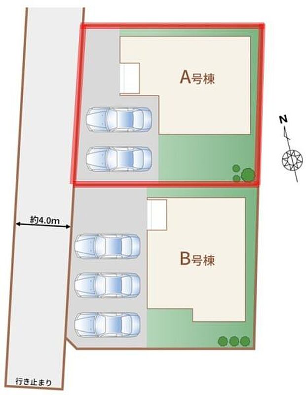 区画図では駐車スペースがしっかり確保されており車を複数台置くことができます。A号棟・B号棟それぞれの敷地が分かれていて使い分けがしやすい配置です。道路幅が約4.0mあり車の出し入れも便利です。