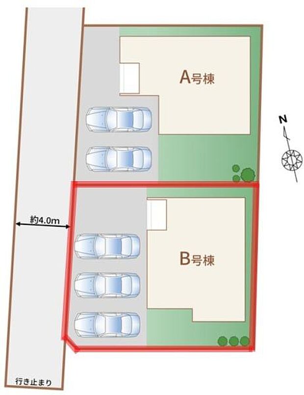 区画図にはA号棟とB号棟が配置されており各棟ともに駐車スペースが確保されています。お車を複数所有されている方にも対応できるレイアウトです。4.0m幅の道路に面しており車の出し入れもスムーズです。