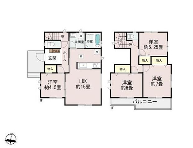 1階と2階に洋室が複数ありプライベート空間が充実しています。LDKは約15畳と広々した設計です。2階にはバルコニーも備わっており使い勝手の良い間取りです。各部屋には収納スペースが設けられています。