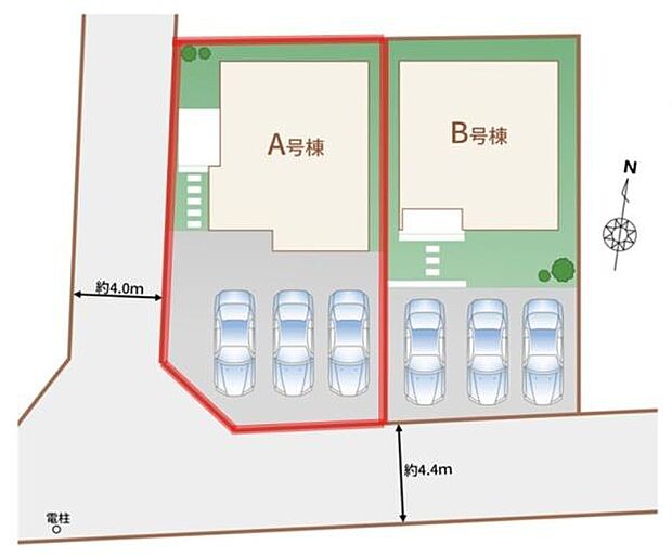 A号棟・B号棟それぞれ分かれた区画図で敷地内にゆとりがあります。駐車スペースも複数確保されている点が特長です。道路幅が明確に示されており状況が把握しやすい配置となっています。