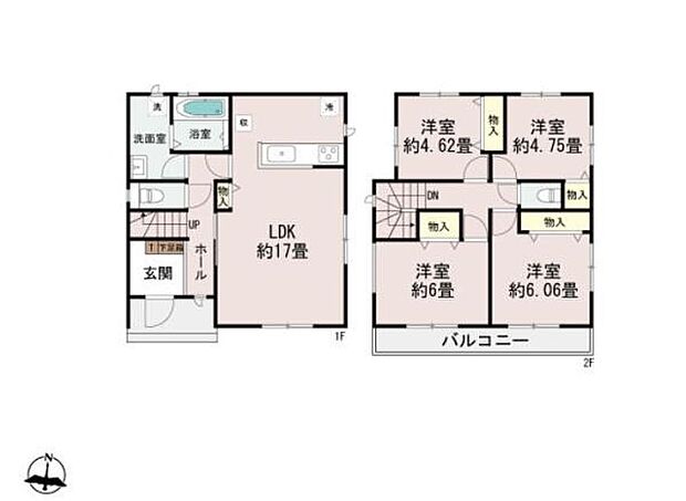LDK約17畳のゆとりある空間が特徴です。2階には収納付きの洋室が4部屋あり使い分けしやすい間取りです。バルコニーも設置されているため使い勝手の良い間取りとなっています。