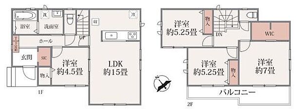 1階には約15畳の広々としたLDKがあり快適な生活空間を実現できます。全室収納付きで整理整頓しやすい間取りです。2階にはバルコニーやウォークインクローゼットも備わっています。