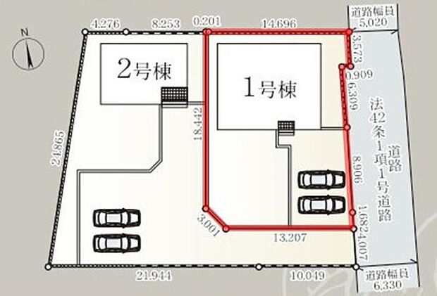 1号棟と2号棟が効率的に配置された区画図です。駐車スペースがそれぞれの区画に確保されています。前面道路からのアクセスも良好です。敷地利用が明確で分かりやすい設計です。
