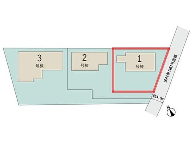 全体区画図で各号棟の配置が明確に分かります。道路からのアクセスも確認しやすい設計です。敷地内の動線や形状を把握しやすいのが特長です。