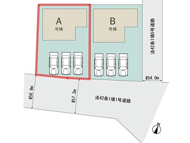 A号棟とB号棟の配置が分かりやすい区画図です。駐車スペースも各棟ごとに確保されています。敷地の形状が一目で把握できます。
