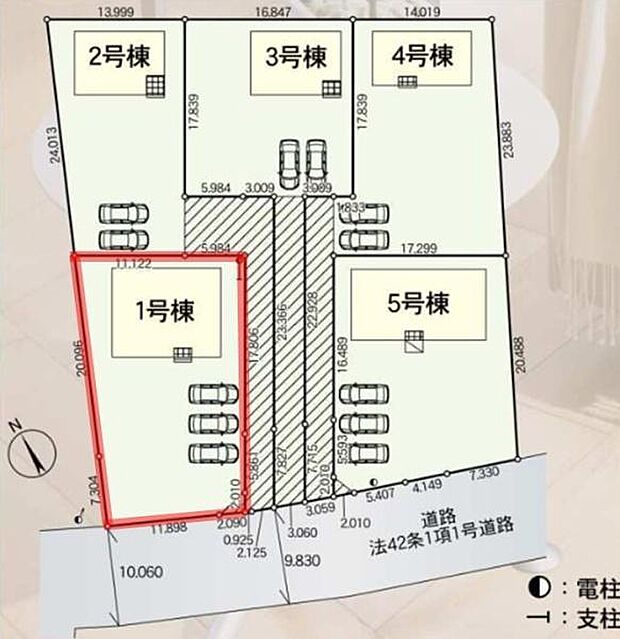 全体の敷地配置や駐車スペースの位置が一目で分かる区画図です。1号棟は南側道路に面しており駐車スペースも複数確保されています。