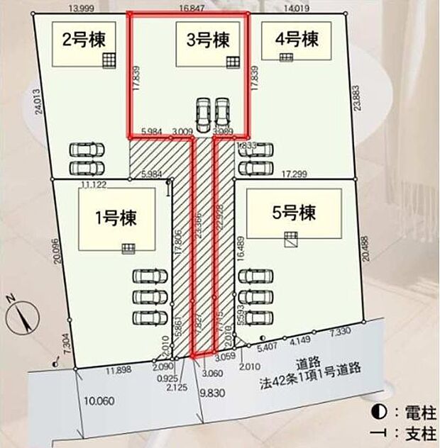 全体区画が見渡せるレイアウト図です。各棟の配置や駐車スペースが明確に分かります。接道の幅員や支柱電柱の位置も確認できます。区画ごとの広さや特徴を一目で比較しやすいのがポイントです。