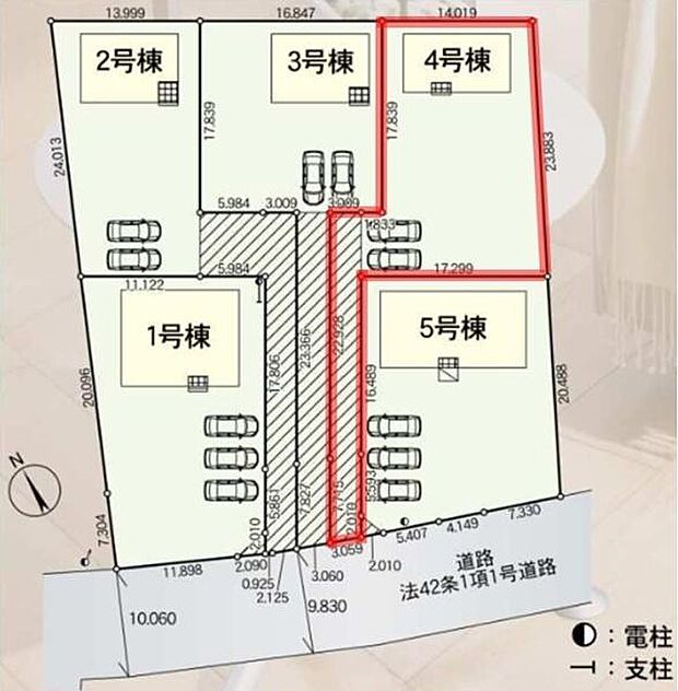 全5棟の配置が一目でわかる区画図です。各棟ごとに駐車スペースがありゆとりある敷地設計となっています。道路幅もしっかり確保されており車の出入りがしやすい配置です。