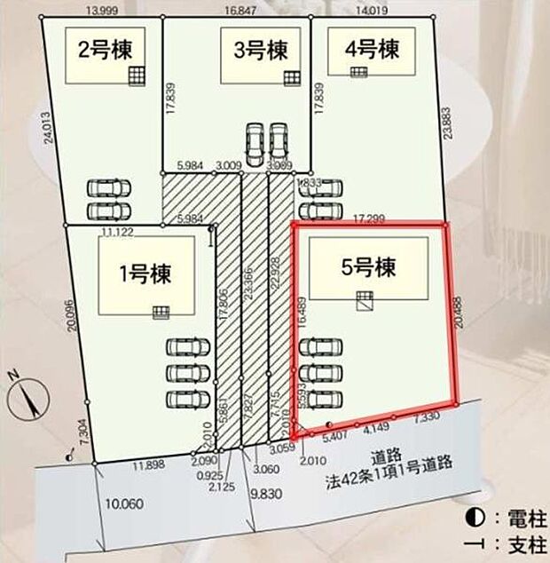 区画図が整然と配置され各棟への動線が明確に示されています。駐車スペースも複数台分用意されており利便性が感じられます。敷地の形状が分かりやすく配置計画の参考になります。全体のバランスがとれた区画図です。