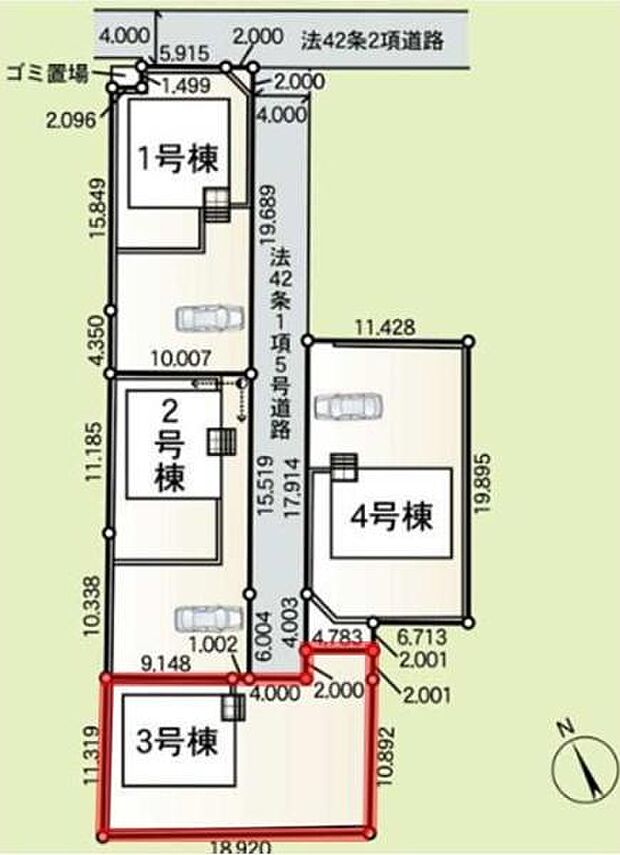 各住戸ごとに駐車スペースが確保されています。区画道路が整備されており車の出し入れもスムーズに行えます。建物ごとの独立性が高く敷地を有効に活用できる配置です。