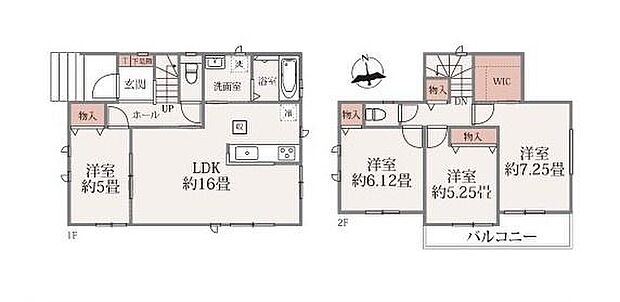 1階と2階にそれぞれ洋室が配置されておりゆとりある間取りです。リビングダイニングキッチンは約16畳で広々としています。ウォークインクローゼットやバルコニーも備わっており収納や洗濯にも便利です。