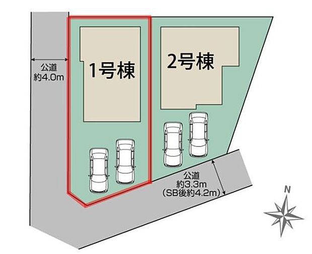 区画図は1号棟と2号棟が並ぶ配置を示しておりそれぞれ駐車スペースが確保されています。公道に面しているため車の出入りもスムーズです。敷地形状や道路幅も明示されていて全体のレイアウトが確認しやすいです。