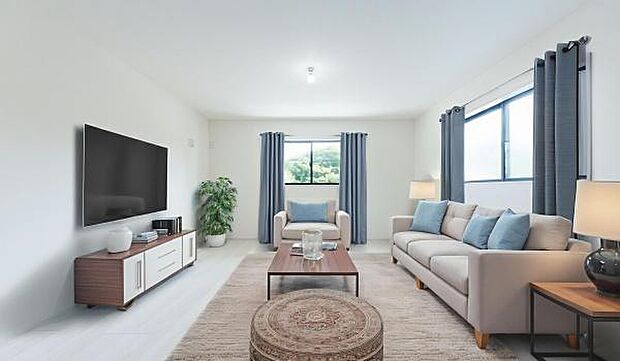 「上質な空間を」開放感と日当たりの良さに恵まれたリビング空間。(本画像はCGにて家具を配置しております。実際に家具はおかれておりません。)