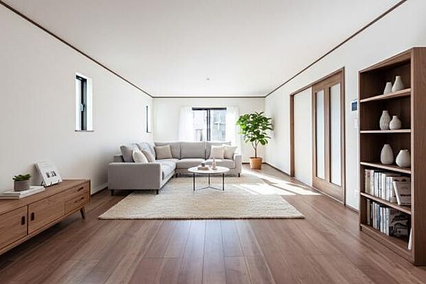 「上質な空間を」開放感と日当たりの良さに恵まれたリビング空間。(本画像はCGにて家具を配置しております。実際に家具はおかれておりません。)