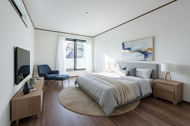「Bed Room」落ち着いた色合い、シンプルなデザイン。寝室として大事なお部屋です。(本画像はCGにて家具を配置しております。実際にはおかれておりません。)