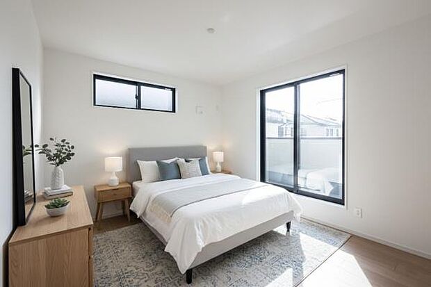 「Bed Room」落ち着いた色合い、シンプルなデザイン。寝室として大事なお部屋です。（本画像はCGにて家具を配置しております。実際に家具はおかれておりません。）