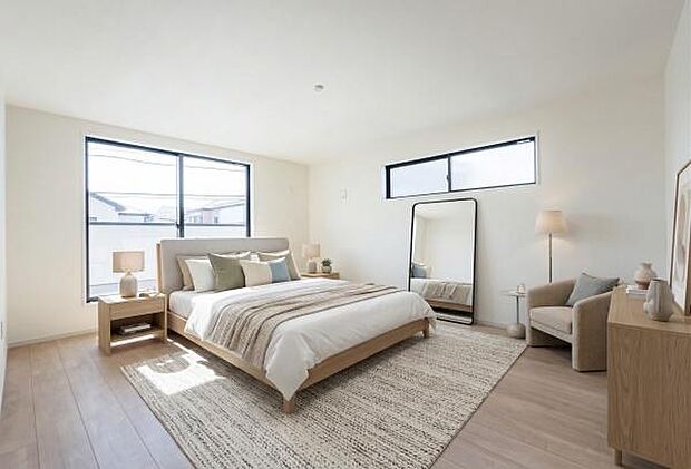 「主寝室」明るく広々主寝室。ダブルベッドも楽々配置可能です。(当画像は実際の洋室の写真に家具やカーテンをレイアウトしたイメージ画像です。実際にはございません)