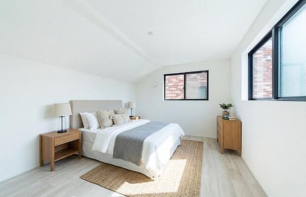 「Bed Room」落ち着いた色合い、シンプルなデザイン。寝室として大事なお部屋です。（本画像はCGにて家具を配置しております。実際に家具はおかれておりません。）