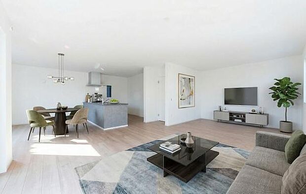 モダンで洗練されたリビング。お洒落な空間が家族の会話を自然と弾ませ、毎日の暮らしを美しくデザインします。（本画像はCGにて家具等を配置しております。実際に家具等はおかれておりません。）