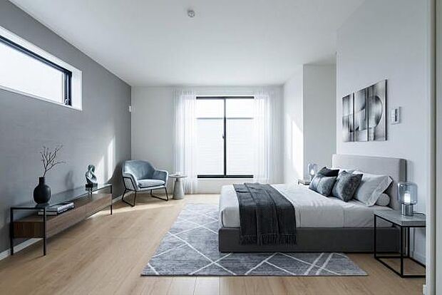 「Bed Room」落ち着いた色合い、シンプルなデザイン。寝室として大事なお部屋です。（本画像はCGにて家具を配置しております。実際に家具はおかれておりません。）