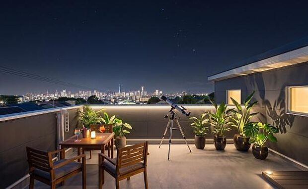「夜は第2のリビング空間に」ルーフバルコニー利用例。※本画像の一部はCGにて植栽や屋外家具、照明など配置したイメージ画像です。実際に付属しておりません。