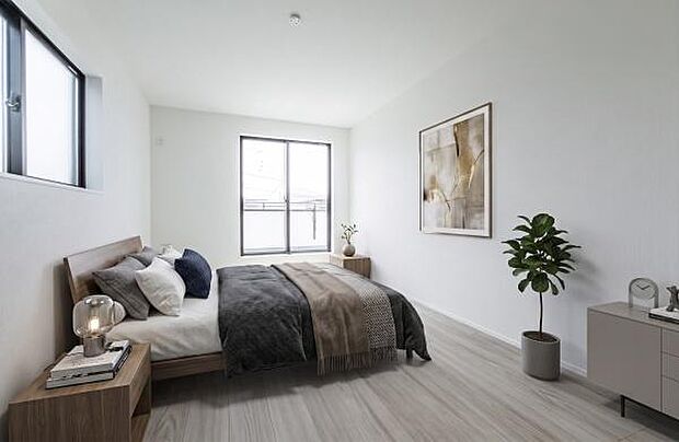 「Bed Room」落ち着いた色合い、シンプルなデザイン。寝室として大事なお部屋です。(本画像はCGにて家具を配置しております。実際に家具はおかれておりません。)