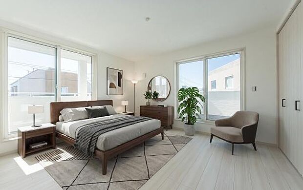 「Bed Room」落ち着いた色合い、シンプルなデザイン。寝室として大事なお部屋です。(本画像はCGにて家具を配置しております。実際に家具はおかれておりません。)
