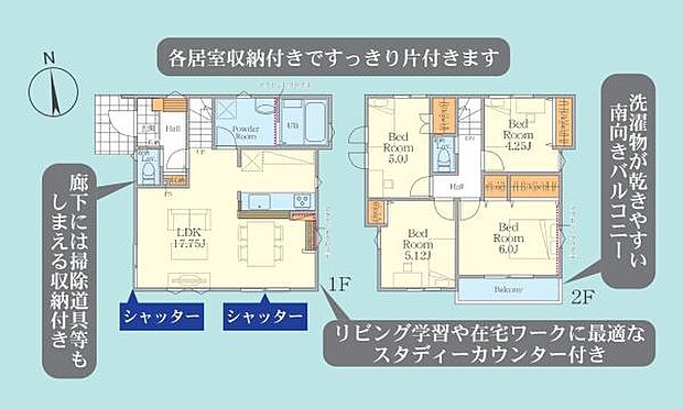 《間取り》■リビング中心の新生活。光を取り入れる開放的な設計で居心地の良い時間を演出します。開放的なLDKは17.75帖。