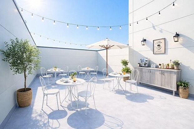 ルーフバルコニー付き。リクライニングチェアを置いて、読書や日光浴など寛ぎのひとときを過ごす。(本画像家具はCGで作成しており、実際に現地に家具はおかれておりません。また価格に家具は含まれておりません)