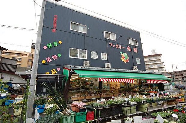 ファミリー丸岡まで820m、昔ながらの地元密着型スーパーという雰囲気で、新鮮な野菜やお花などを安く販売しています。