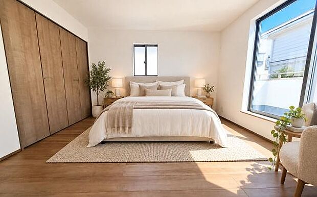 《寝室》 ■心地よい眠りへといざなうしっとりと落ち着いた雰囲気の寝室。(本画像はAI加工により、家具を消しています。実際の現地には家具が設置されています。)