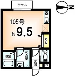 ヴァンキャトル 1階ワンルームの間取り