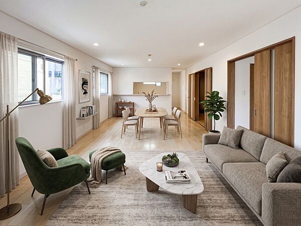 ～Living room～  大きな窓から差し込む太陽光を体一杯に感じながら、一日分のエネルギーをチャージしてくれそう。（本画像家具はCGで作成しており、実際に現地に家具の設置はありません）