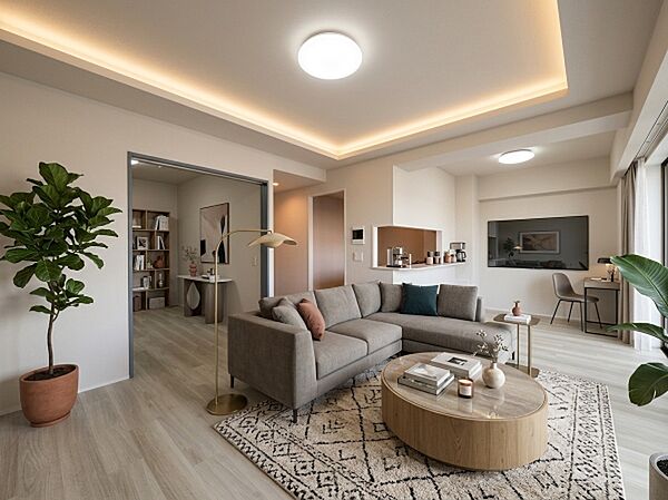 （配置してある家具はCGによるイメージです）～Living room～  家族みんなが集まるリビング。やさしい色合いのフローリングと白いクロスの明るい空間はきっと家族の心も穏やかに癒してくれます。