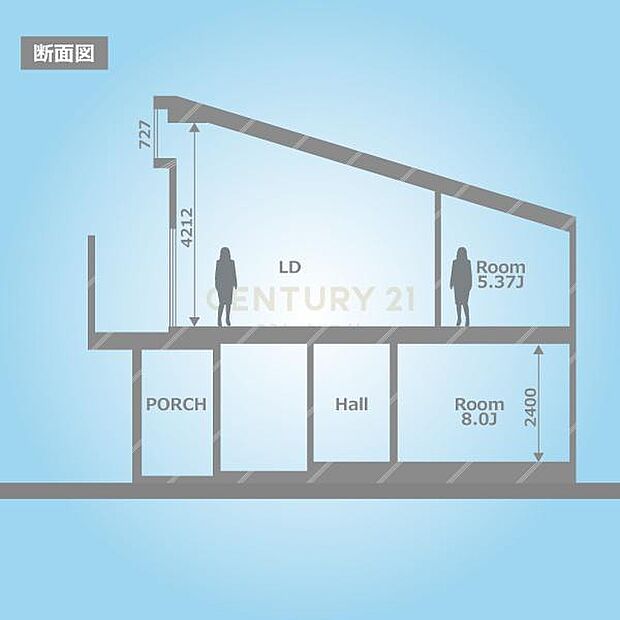 断面図／リビング最大天井高約4.2mを確保、開放感のある室内です！