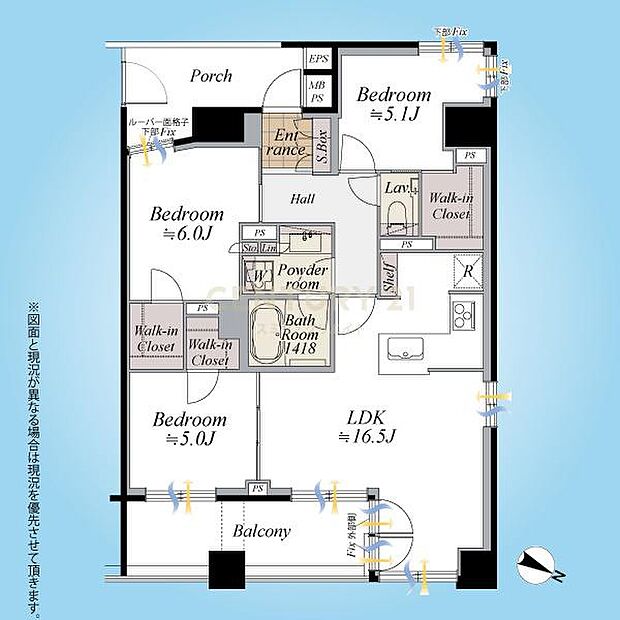 間取り図／三方向角住戸につき採光通風良好！全居室にウォークインクローゼット付きですのですっきりと生活できます。