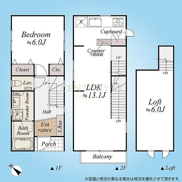 間取図／木造2階建て1LDK＋ロフト、南西側約6ｍ公道に面した整形地、採光・通風良好！