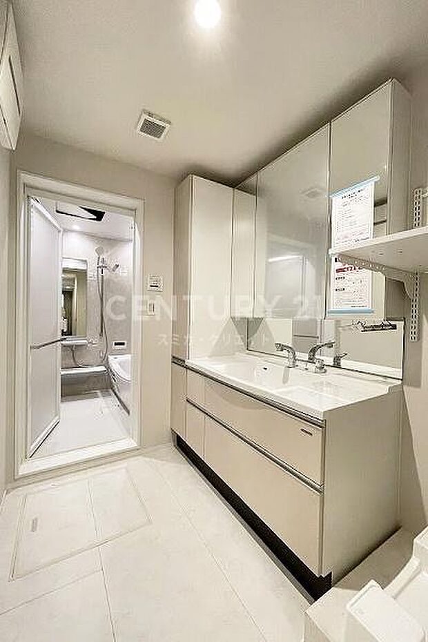 洗面化粧台〜収納／新規交換済、三面鏡収納に加え下部収納もあるので嵩張る小物類もすっきり収納が出来ます。サイドにはリネン庫もあるのでタオル類もすっきり収納が出来ます。