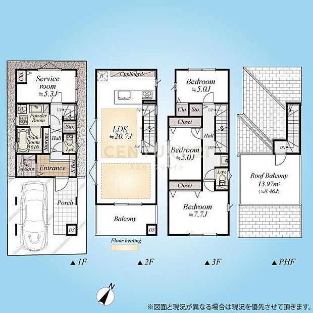 間取図／木造三階建て3SLDK＋ルーフバルコニー＋ビルトインガレージ、全室2面採光・収納付、約20帖の広々としたLDKには床暖房が2面設置されています
