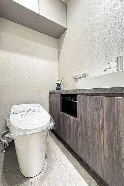トイレ／新規交換済、ウォシュレット機能付きトイレ、手洗いカウンター付、吊戸棚付