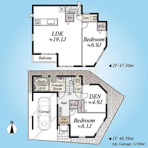 間取図／木造スレート葺き2階建2SLDK＋ビルトインガレージ（車種制限有）、省エネ基準適合住宅、準耐火建築物、食洗機・床暖房・宅配ボックスなど設備充実！