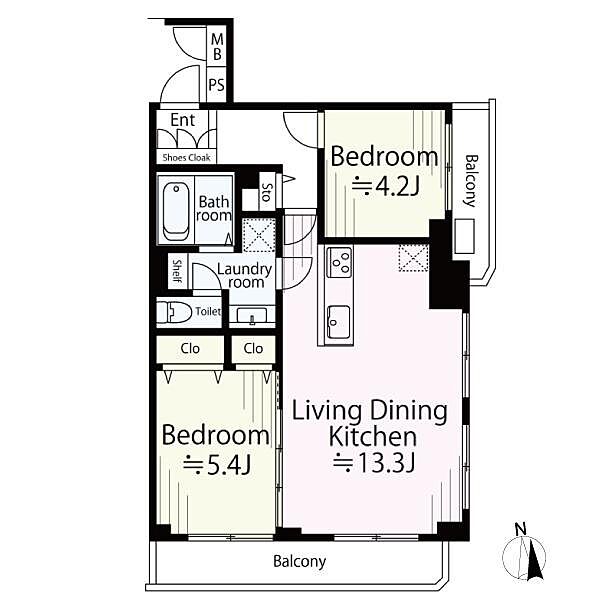 間取図／5階部分南東角住戸2LDK＋2面バルコニー、採光・通風・眺望良好！給排水管更新を含むフルリノベーションにより室内設備一新！綺麗なお部屋で新生活をスタートできます。