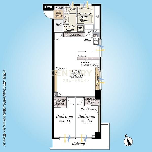 間取図／6階部分南西・南東・北東3方角住戸2LDK＋2Wic、前面に高い建物がなく採光・通風・眺望良好！フルリノベーションにより室内設備一新！機能性とデザイン性を兼ね備えた上質な住空間です。