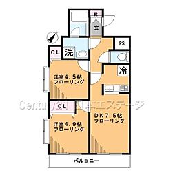 フロントリー 1階2DKの間取り