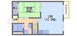 ウエストヒルＢ棟 2階1LDKの間取り