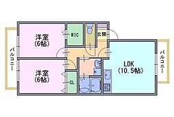 ヴィルヌーブ今里 1階2LDKの間取り