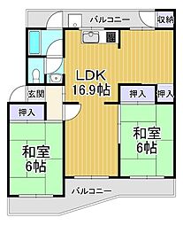 南円明寺ヶ丘団地19棟406号 4階2LDKの間取り