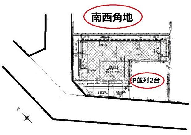 約42坪の南西角地は、やはり日当りと開放感が違います。カースペース並列2台でゆとりの暮らしが実現。