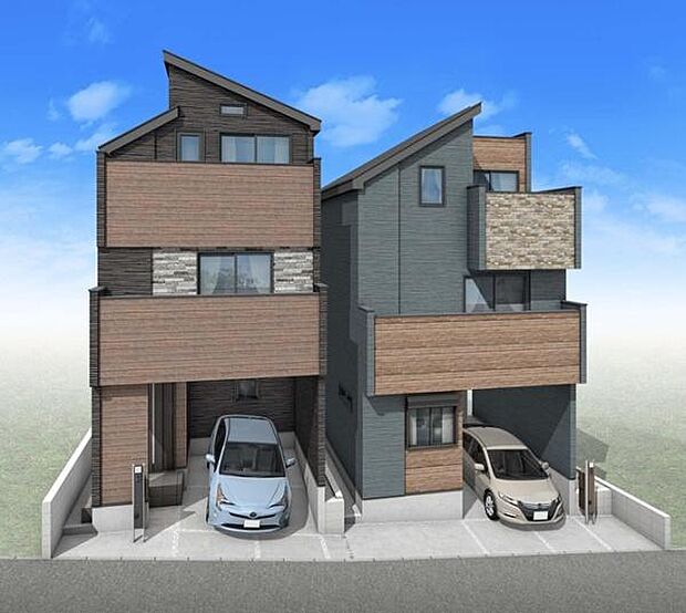 《完成予想図》 ■陽当たりが良い土地に、スタイリッシュかつ重厚感のある外観。本画像はCGで作成しており、実際に現地に車は置かれておりません。また、価格に車は含まれておりません。