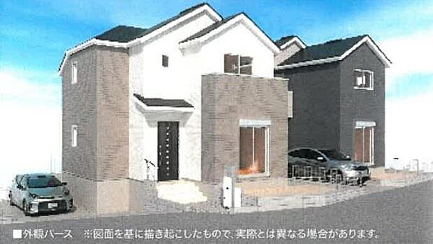 《完成予想図》 ■陽当たりが良い土地に、スタイリッシュかつ重厚感のある外観。本画像はCGで作成しており、実際に現地に車は置かれておりません。また、価格に車は含まれておりません。